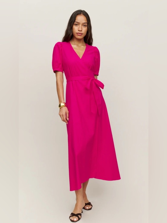 Reformation Dresses & Skirts - NWT Reformation Kaelie Wrap Midi Dress Puff Sleeves V-neck Pink Organic Cotton M